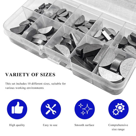 Woodruff Key Assortment Kit 120 Pieces In 10 Sizes Carbon Steel Half Moon Keys For Shafts, Gears, Flywheels, And Fasteners