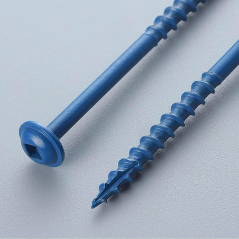 Close-up of blue Pocket Hole Screws Size 8 1 1/4 Inch 300 Pieces No Nonsense Rust-Resistant with coarse thread and washer head.