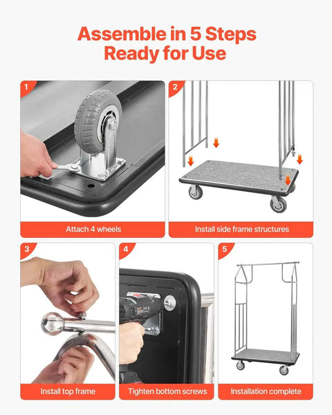 Hotel Luggage Cart With Brushed Stainless Steel Finish assembly steps including attaching wheels and frame