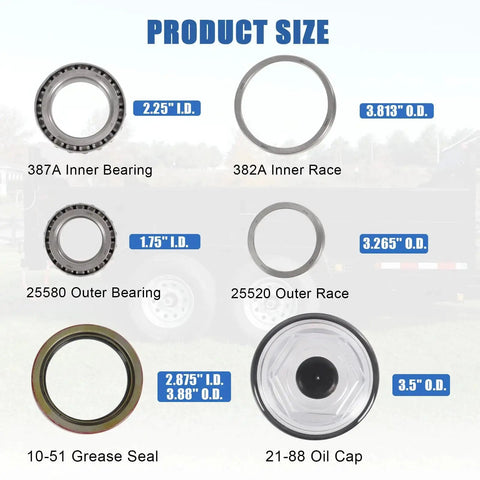 Trailer Bearing Kit 25580 387A With Grease Seal For Dexter 10K GD After 2009 Drums, Hub Assembly product components image.