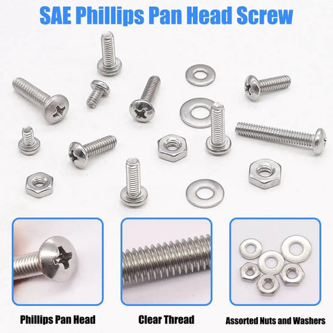 Assorted SAE Phillips Pan Head screws, nuts, and washers from Grab-And-Go 304 Stainless Steel Nuts And Bolts Kit With 237 Pcs