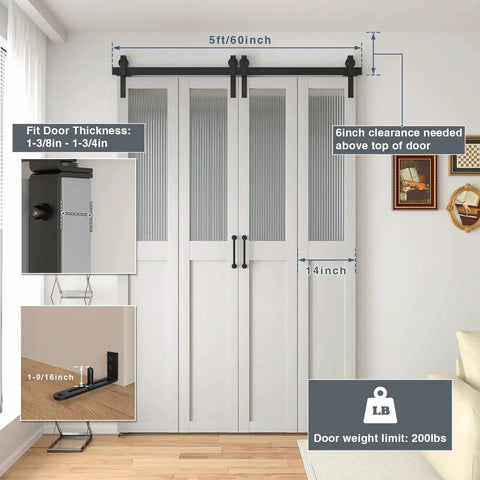 60 Inch Bi Folding Sliding Barn Door Hardware Kit For Four Doors With Heavy Duty Side Mounted Rollers Image