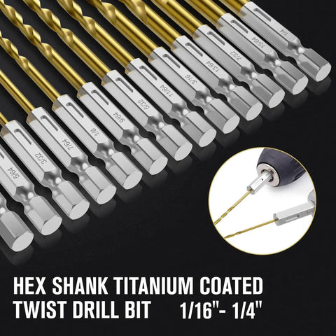 Titanium Coated Hex Shank Drill Bit Set, 19 Pieces, HSS 4241 Twist Bits For Sheet Metal Wood And Plastic With Quick Change Design