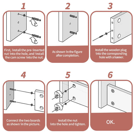 Step-by-step assembly guide for 36 Set 3 In 1 Furniture Connecting Kit For Cabinets Drawers And Wardrobes With M6 40mm Cam Screws.
