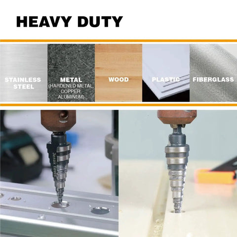 M2 HSS Quick Change Step Drill Bits For Clean Holes From 3/16 To 7/8 Inch, Double Fluted For Fast Pro Grade Drilling In Stainless Steel Copper Aluminum Wood Plastic Jerax Tools showing drilling in various materials.