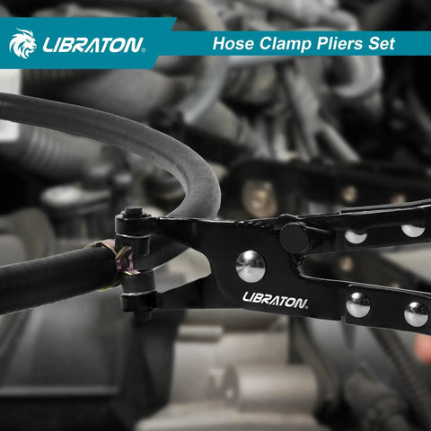 Close-up of 2 Piece Hose Clamp Pliers Set With Swivel Pliers For Removal And Installation in use on automotive hose.