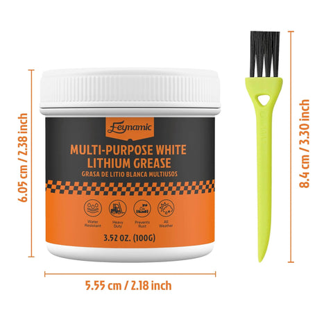 Multi-purpose white lithium grease tub, 3.57 oz (100 g), with yellow brush applicator
