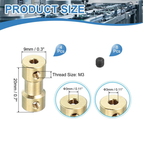 Brass shaft coupling 3mm-3mm, 4 pcs with M3 screws, 20mm long sleeve adapters for RC cars and motors.