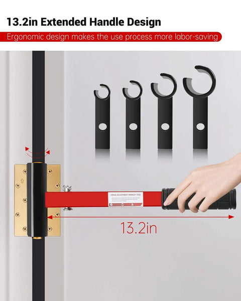 4 in 1 Hinge Gap Adjusting Wrench Kit For Cabinet And Door Alignment in use with 13.2in extended handle, showing hinge installation.