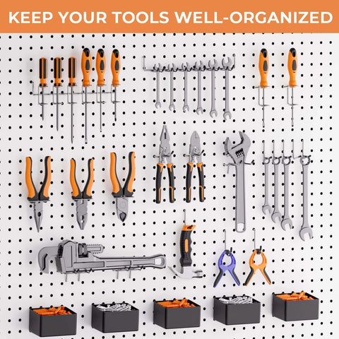 Pegboard with organized tools including screwdrivers, pliers, wrenches, and toolboxes, promoting efficient tool storage.