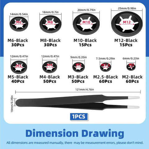 Diagram of 65Mn Steel Internal Tooth Star Lock Washers Set, 351 Piece Assortment For M2 To M12 with 13mm tweezers included.
