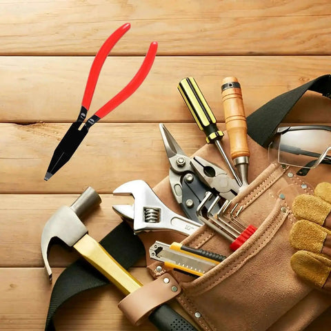 Tool kit with Two Pack Hand Seamers For Sheet Metal Pliers Set With 45 Degree And Straight Jaws on wooden surface