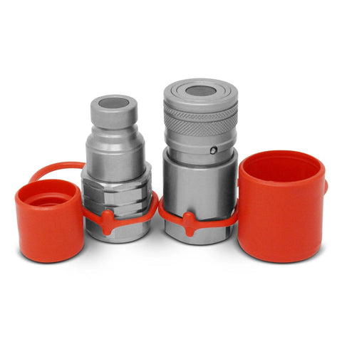 Summit Hydraulics 3/4 in SAE-12 flat-face hydraulic quick-connect couplers set with red dust caps, silver bodies.