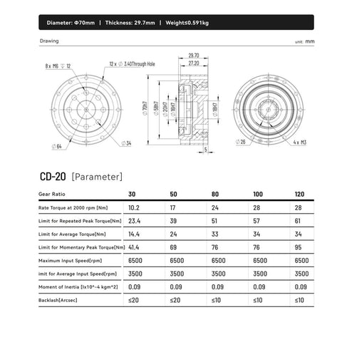 Technical drawing and specifications of CD20 Harmonic Reducer Gearbox Strain Wave Drive for BLDC Motors in industrial automation.