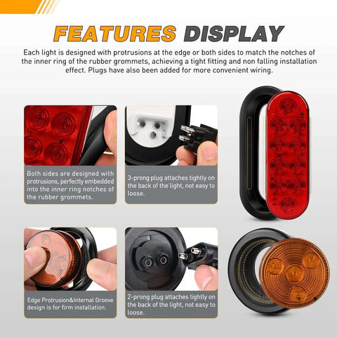 Features display of Steel Trailer Light Boxes Housing Kit with amber side marker lights and red oval stop/turn signals.