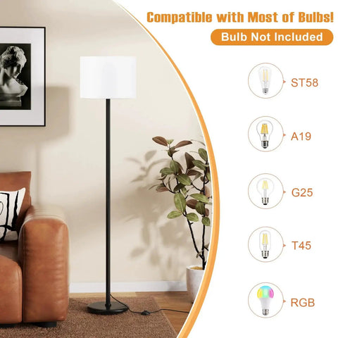 60 Inch Black Floor Lamp With White Shade And Foot Pedal Switch For Living Room in modern decor