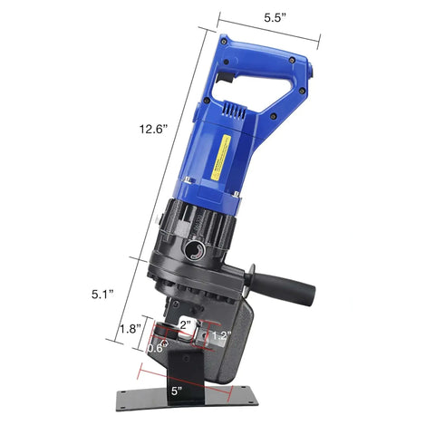 Beefy 1800W Hydraulic Hole Puncher With 10 Ton Punch Power Electric Metal Punch Tool showing dimensions and side view.