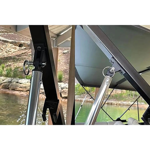 Two silver 316 stainless steel quick-release pins, 1/4 in diameter, with drop cam and springs on marine hardware