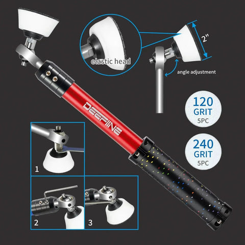 Carbide Tipped Wood Lathe Tools Set With Bowl Sander showing elastic head, angle adjustment, and grit options.