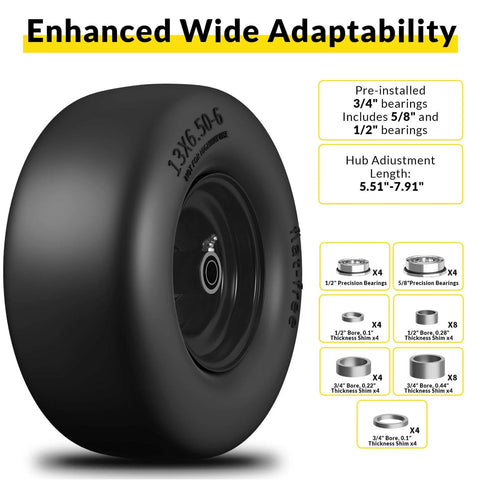 Side view of Heavy Duty 13x6.50-6 Flat Free Lawn Mower Tires And Wheels Set For Zero Turn Mowers Built To Last 500 Lb Load Universal Bearings