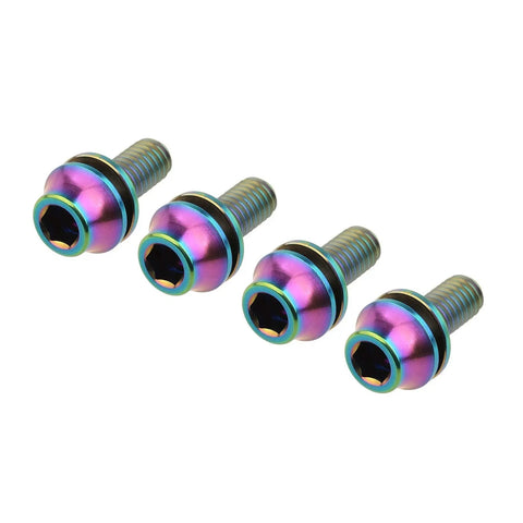 Colorful anodized Titanium M5x12mm taper head bolts with washers for bicycle water bottle cage, set of 4, 6AL4V Grade 5 alloy