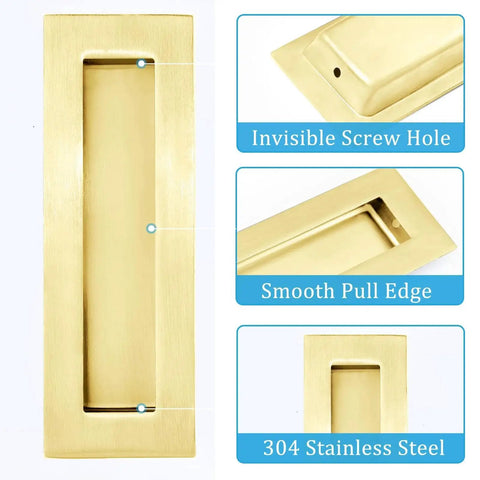 Sliding Pocket Door Handles 304 Stainless Steel Non Locking Pocket Door Hardware Recessed Flush Finger Pull Edge Pull Heavy Duty 6 Inch Satin Brass Finish Set for Smooth Gliding Doors with Rust Resistant Construction.