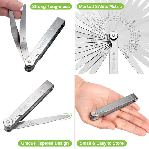 Feeler Gauge Set 0.001-0.04 Inch 32 Blades Stainless Steel Dual Marked SAE And Metric for gap measuring in hand.
