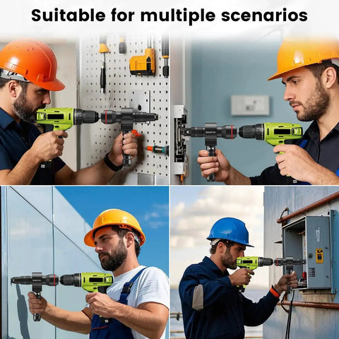 Workers using 2 In 1 Cordless Rivet Nut Tool Kit For Drill Converts Your Drill Into A Pro Rivet Gun With 7 Metric Mandrels in various scenarios