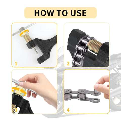 Instructions for using Heavy Duty Motorcycle Chain Breaker Tool for chain link removal on bikes and scooters