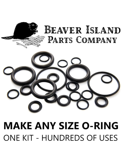 Variety of black O-rings in different sizes displayed with Beaver Island Parts Company logo, "Make Any Size O-Ring, One Kit - Hundreds of Uses" text.