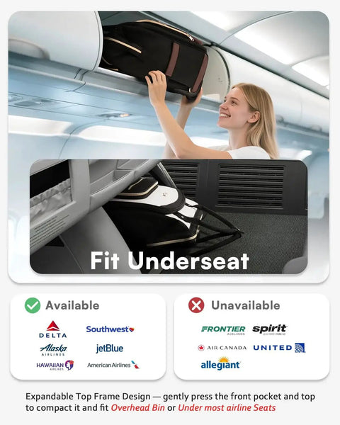 Woman placing Sleek Rolling Laptop Backpack For Women With Wheels, 2 In 1 Vertical And Horizontal Storage in overhead bin and underseat.