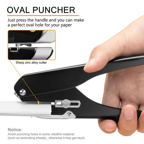 Close-up of a badge hole punch slot puncher for ID cards with a metal build, showing the sharp zinc alloy cutter in use.