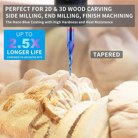 5 Pack Tapered Ball Nose End Mills For CNC Router Bits With One Eighth Inch Shank shown in wood engraving process