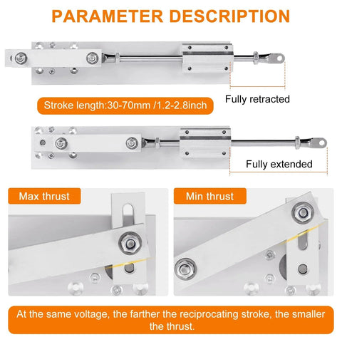 Image of 30-70mm Stroke 12V DC Linear Actuator With 0-120RPM Variable Speed Reciprocating Motor, 60N Thrust, M8 Threaded Rod.