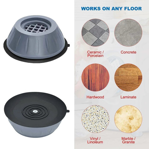 Anti Vibration Pads for Washing Machine and Dryer Set of 4 Universal Support Feet displayed on various floor types.
