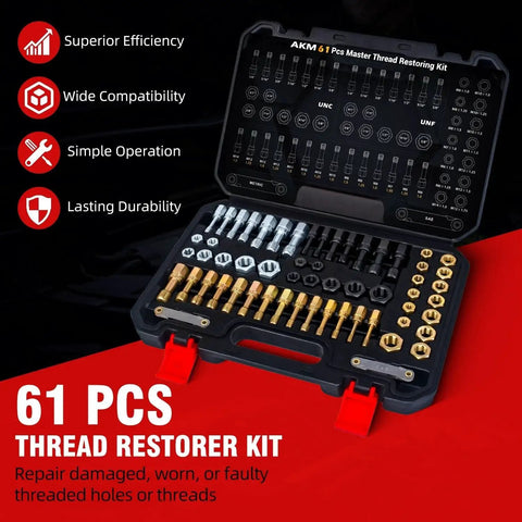 Thread Restorer Kit 61Pcs With UNC UNF Metric Chasers And Pitch Gauge open case showing tools and color-coded chasers.