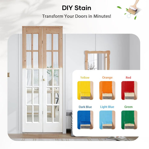 Space Saver Bifold Closet Door For 32 By 80 Opening With French Glass Barn Panels Includes 2.66 Ft Concealed Bi Fold Sliding Hardware Kit Preassembled Door Easy Install DIY Staining Ready For Small Spaces installed view with color options