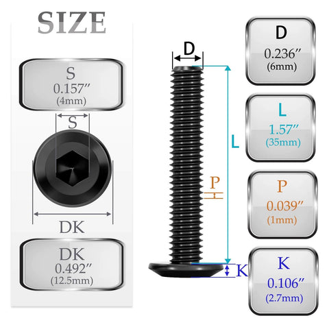 Beefy Flat Head M6 Hex Socket Cap Screws 35mm 30 Pcs Set Black Oxide Full Thread Alloy Steel dimensions diagram