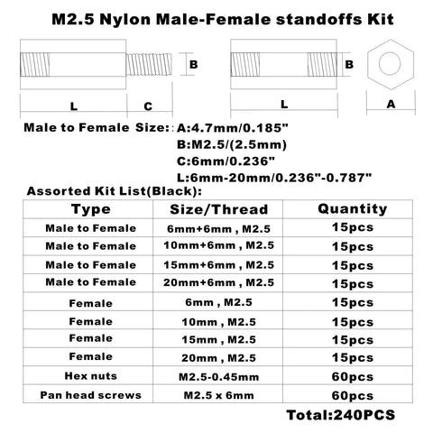 Black Nylon M2.5 Hex Spacer Standoffs Screws Nuts Assortment Kit 240 Pieces Including Male And Female Standoffs In 6mm And 10mm Lengths For Electronics Projects RC Builds diagram
