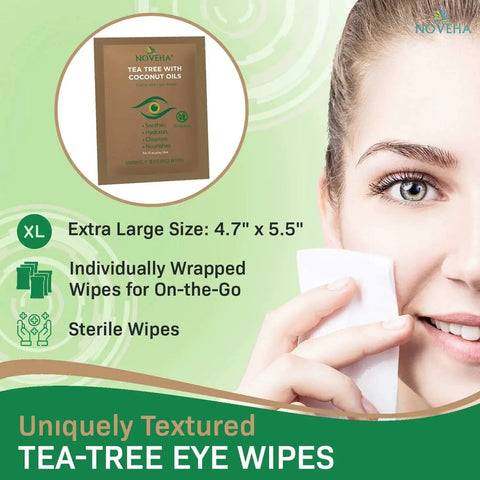 Packaging of Tea Tree And Coconut Oil Eyelid And Lash Wipes Individually Wrapped For Demodex with smiling woman using a wipe.