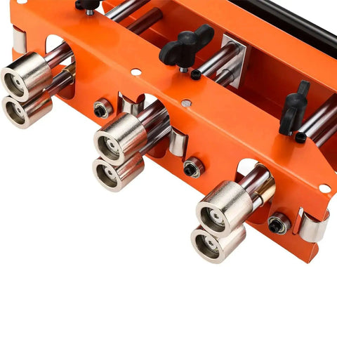 Close-up of 3-Station Sheet Metal Roller Bender for 0-90 Degree Bends showing aluminum frame and large radius roller components