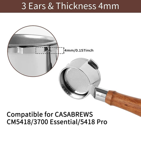 Front view: 51mm bottomless portafilter with 3 ears, 4mm thick, stainless steel, wooden handle; CASABREWS CM5418/3700