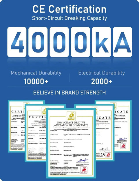 CE certification image with 4000kA short-circuit breaking capacity and certificates for Rugged Outdoor Solar Panel Disconnect Switch 30A 2-Pole DC Circuit Breaker Non-Polarized 12V-400V IP65 Waterproof AC Disconnect Box With Battery Cutoff Isolator Transparent Cover For Easy Status Check.