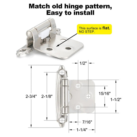 Brushed Satin Nickel Self Closing Cabinet Hinges For Flush Mount Face Frame Kitchen Cabinets Half Inch Overlay Pack Of 4 Screws Included Easy To Install Replaces Old Hinge Pattern Vallecloud