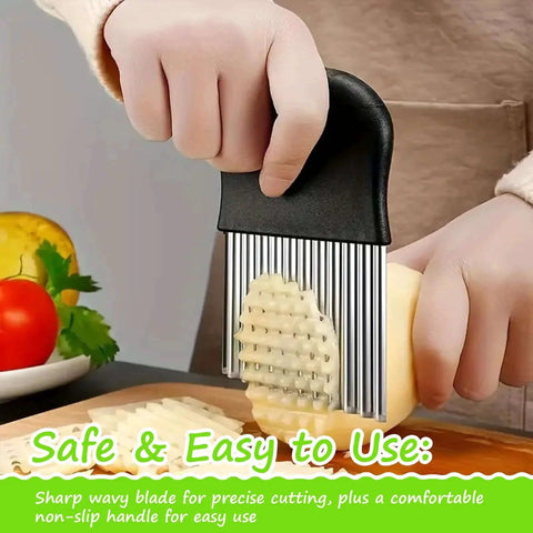 Person using Large Wavy Crinkle Cutter for Potatoes Vegetables and Fruits with Stainless Steel Blade and Easy Plastic Handle on potato