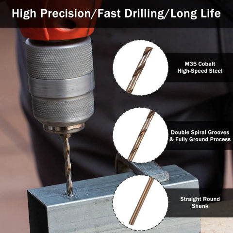 One Thirty Second Inch Cobalt Drill Bit Set, 20 Pieces M35 High Speed Steel Jobber Length Twist Drills With Straight Shank For Hard Metals Jewelry Stainless Steel Circuit Boards Plastic And Wood being used for precision drilling in metal.