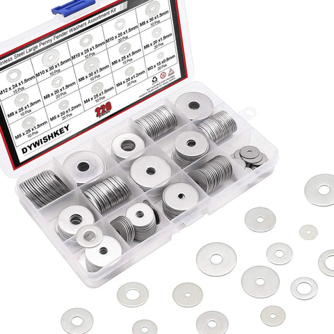 DYWISHKEY 220-piece 304 stainless fender washer assortment kit in plastic organizer, 15 sizes M3–M12