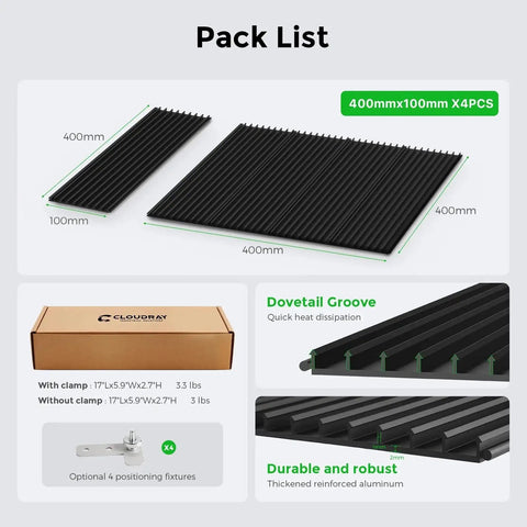 400x400mm Honeycomb Laser Bed For CO2 Laser Cutters, showing 400x100mm black panels, packaging, and fixtures, set of 4