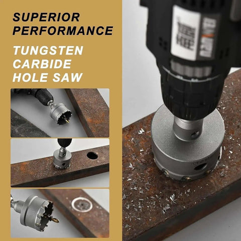 2 Inch TCT Hole Saw Kit With Tungsten Carbide Teeth And Titanium Plated Pilot Bit For Drilling Hard Metals Like Stainless Steel Aluminum Iron Plastic And Alloys Includes Hex Key Durable Anti Corrosion 51mm Hole Saw Set For Professionals in use on metal surface
