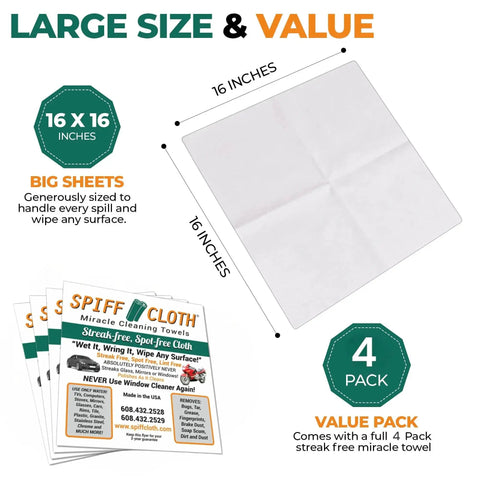 Miracle Cleaning Cloths 4 Pack Just Water Streak Free Reusable 16x16, large cloth size with packaging shown